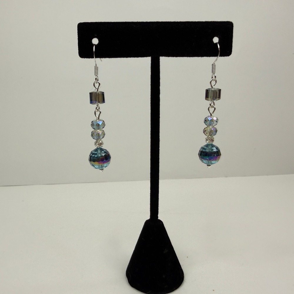 Iridescent Glass Crystal Bead Dangle Drop Earrings Bead Silver Plated Accent 2in